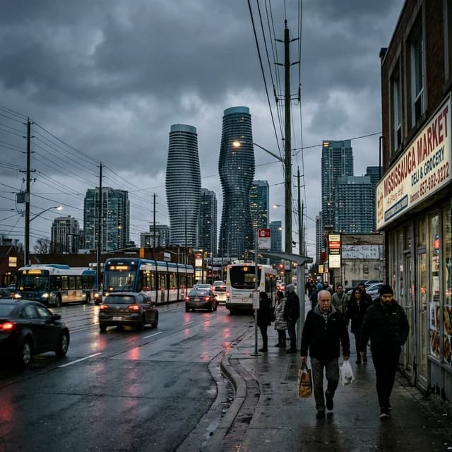 A quiet suburban street in Mississauga, Ontario at golden hour