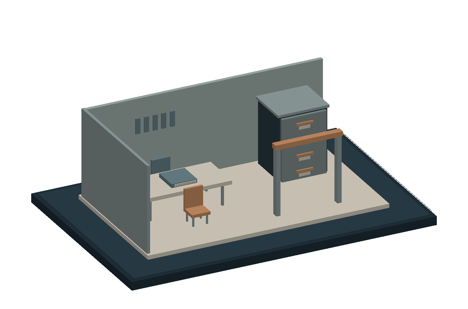 An authored consultation room, records cabinet and open review frame. It depicts relationships, not an identifiable clinic or patient.