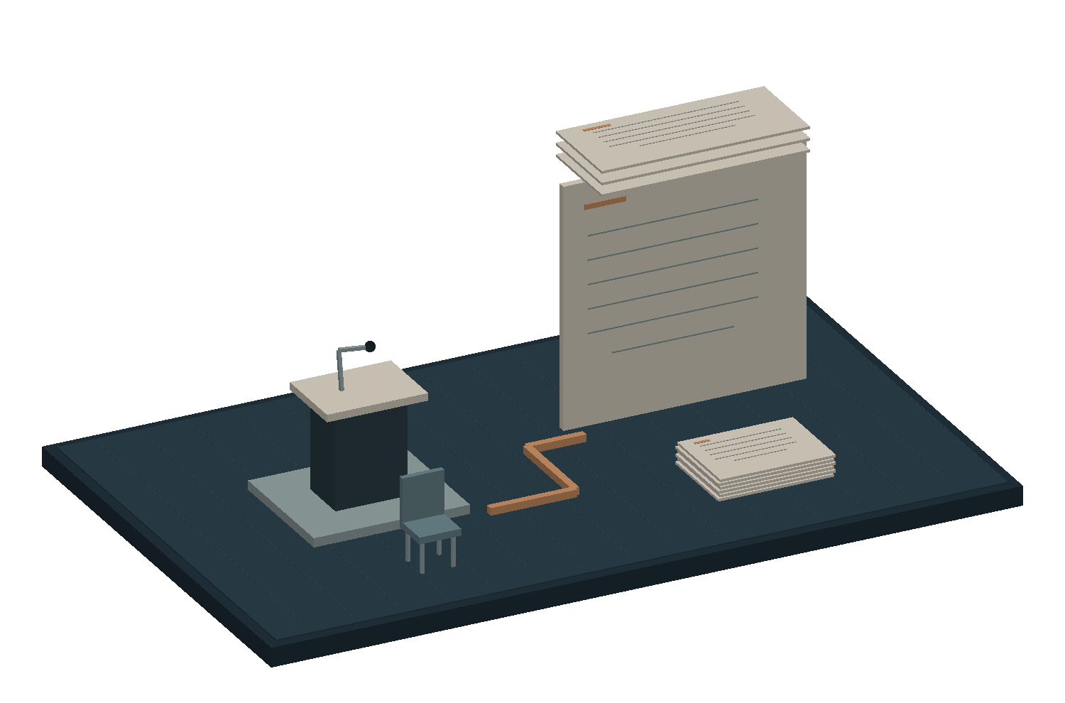 A press lectern faces an independent record panel. The geometry illustrates the comparison, not the truth of any particular statement.
