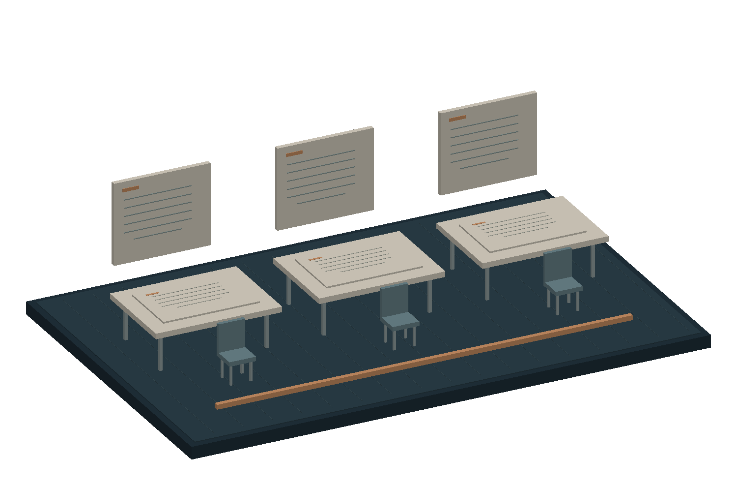 Three equal teaching stations support a comparison. Staffing counts appear in text rather than being implied by objects in the model.